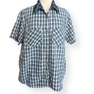 North West Blue Plaid & Floral Button Down Short Sleeve Shirt - Size: Large